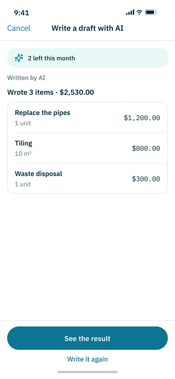 The app’s AI draft screen — three items and a total