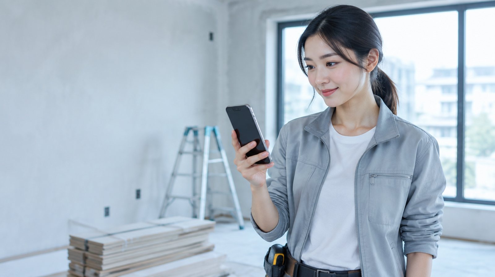 現場でスマホの見積を確認する内装会社の女性オーナー